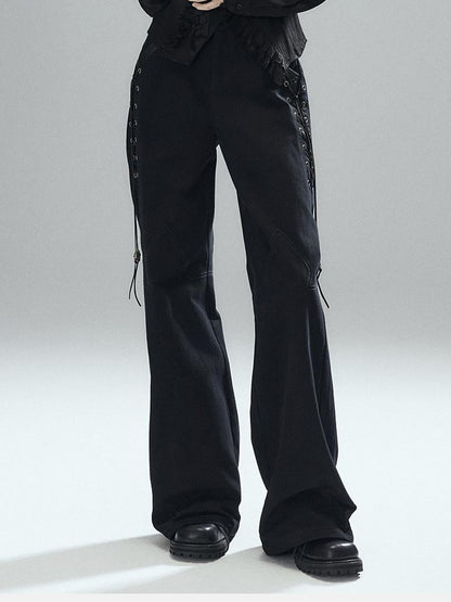 Low pixel Pure Cotton Low Rise Wide Leg Zipper Casual Womens Black Straight Pants