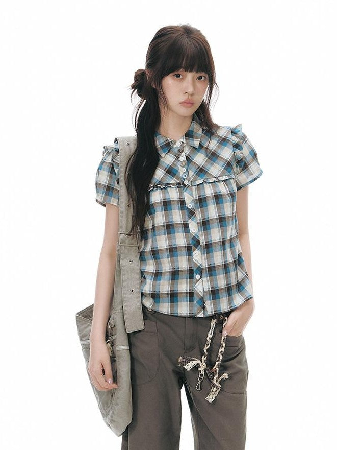 NAPSNAPS Blue Plaid Ruffle Puff Sleeve Button Tie Women&