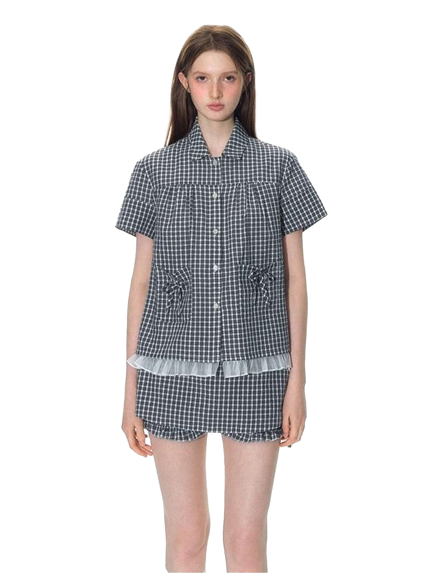 NAPSNAPS Check Patchwork Two Piece Illusion Spliced Gauze Women&