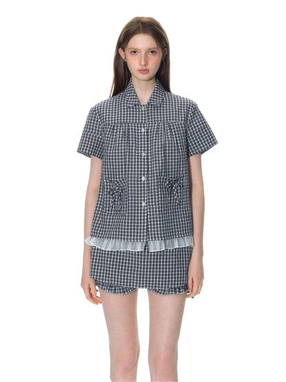 NAPSNAPS Check Patchwork Two Piece Illusion Spliced Gauze Women&
