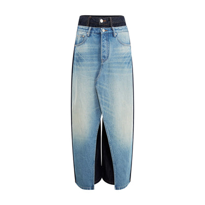 RUN TO THE FUTURE Durable Washed Denim Casual Loose Natural Waist Zipper Fly Blue Wide-Leg Jeans