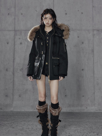 Low pixel Warm Cotton Utility Cinched Waist Multi Pocket Hooded Women Black Puffer Jackets