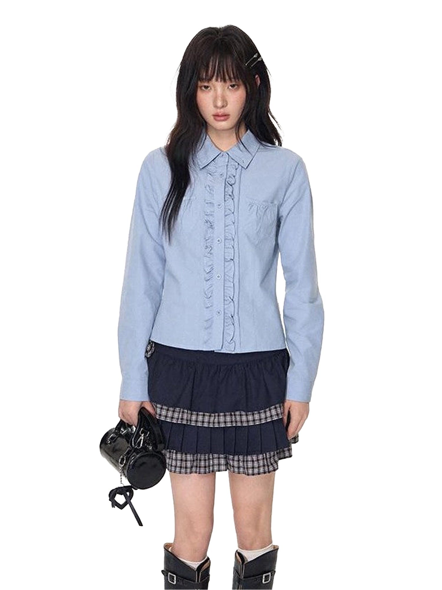 NAPSNAPS Ruffle Trim Pleated Point Collar Patch Pocket Women&
