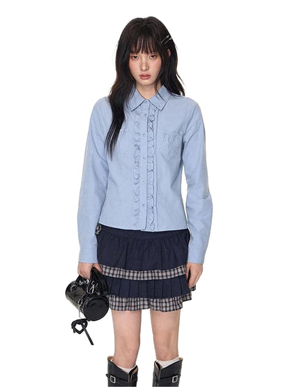 NAPSNAPS Ruffle Trim Pleated Point Collar Patch Pocket Women&