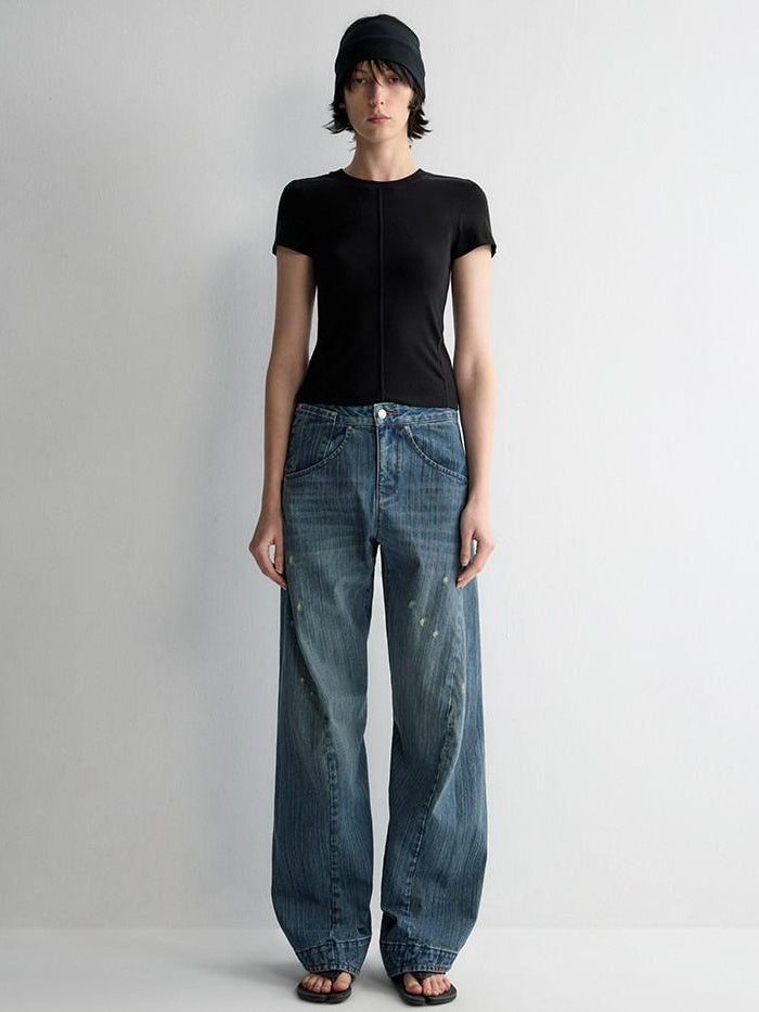 RUN TO THE FUTURE Ripped Washed Durable Low Rise Relaxed Fit Vintage Blue Wide-Leg Jeans