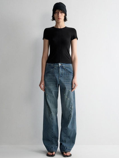 RUN TO THE FUTURE Ripped Washed Durable Low Rise Relaxed Fit Vintage Blue Wide-Leg Jeans