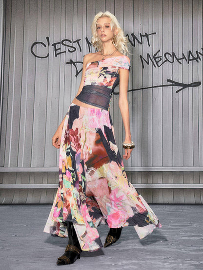 The NeverMore Light Stretch Printed Pink Side Zipper A Line Loose Fit Mid Waist Maxi Skirts