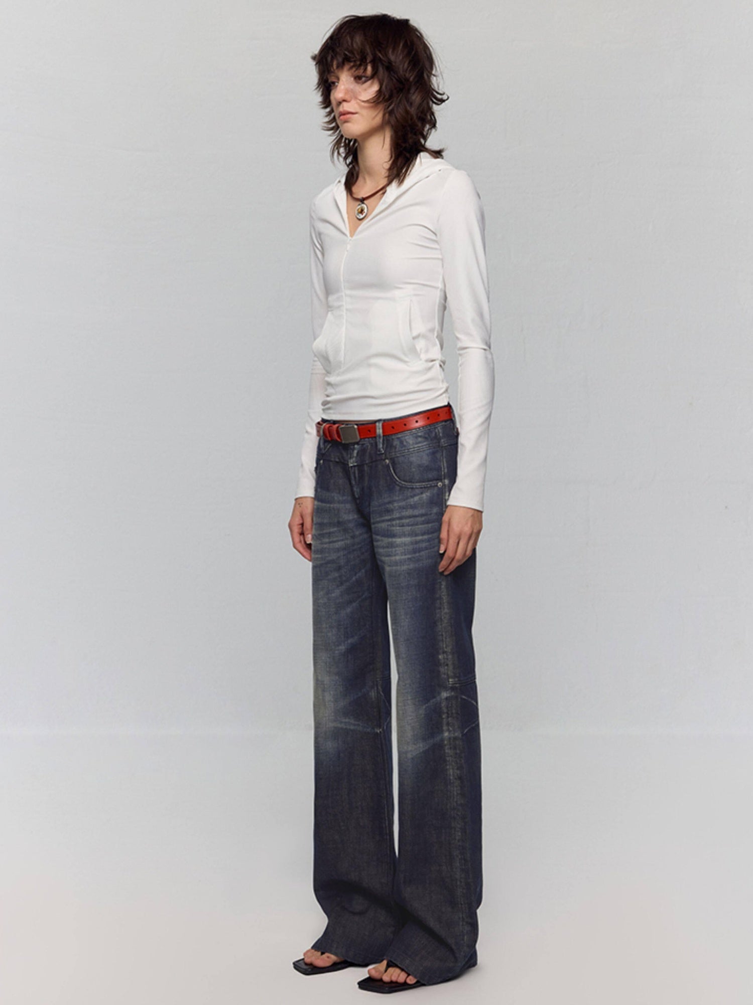 RUN TO THE FUTURE Washed Low Rise Loose Fit Casual Womens Black Stretch Denim Straight Jeans