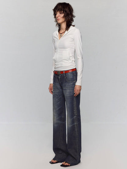 RUN TO THE FUTURE Washed Low Rise Loose Fit Casual Womens Black Stretch Denim Straight Jeans