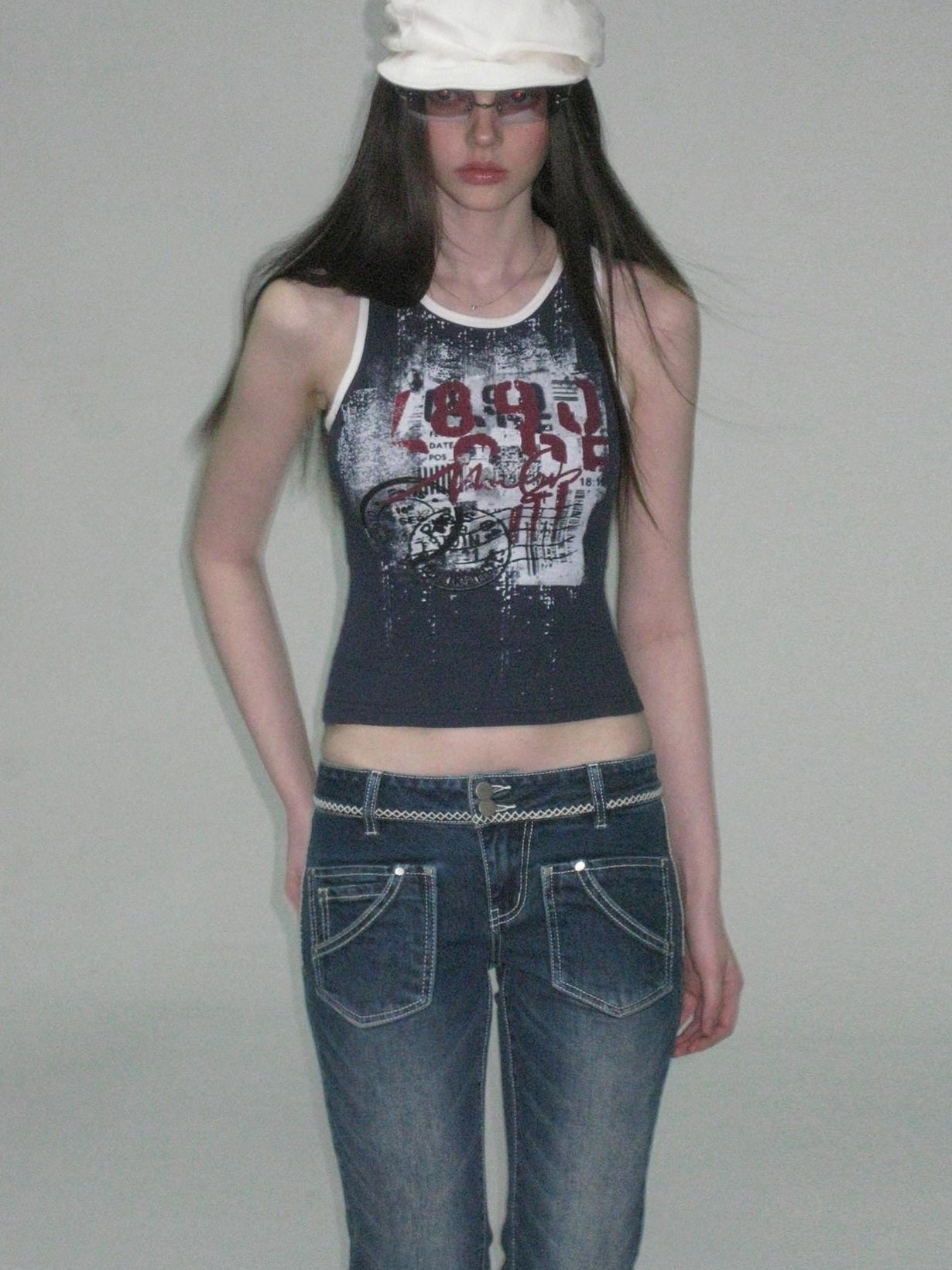 The NeverMore Soft Stretch Cotton Slim Fit Round Neck Printed Cropped Women Navy Camisoles