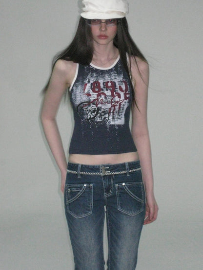 The NeverMore Soft Stretch Cotton Slim Fit Round Neck Printed Cropped Women Navy Camisoles