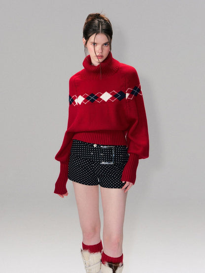 The NeverMore Warm Wool Pullover Vintage Jacquard Cape Batwing Women High Neck Red Sweaters