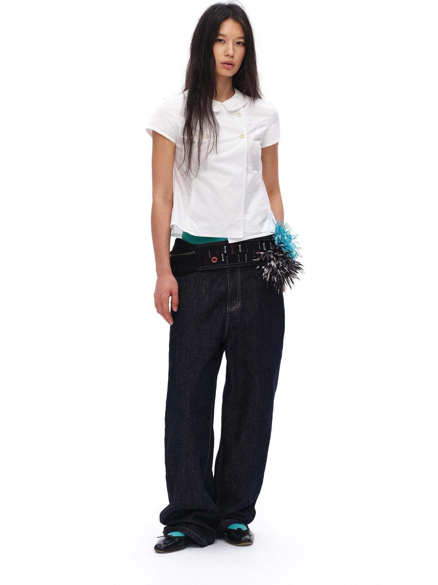 oinimi White Double Button Peter Pan Collar Slim Fit Short Sleeve Women&