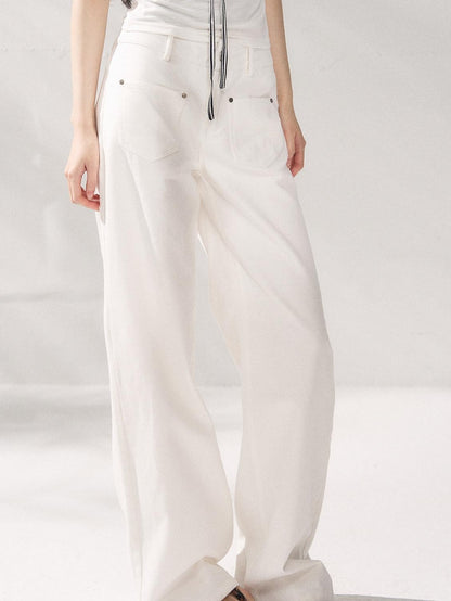 7Shiftin Button Front Natural Waist Casual White Flowy Wide Leg Pants