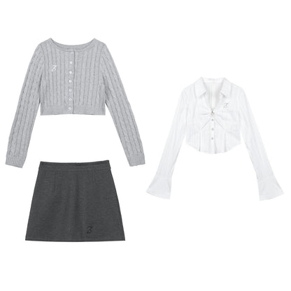 7Shiftin Crop Two Piece Casual Short Length Layered Set For Women Blue White Shirts