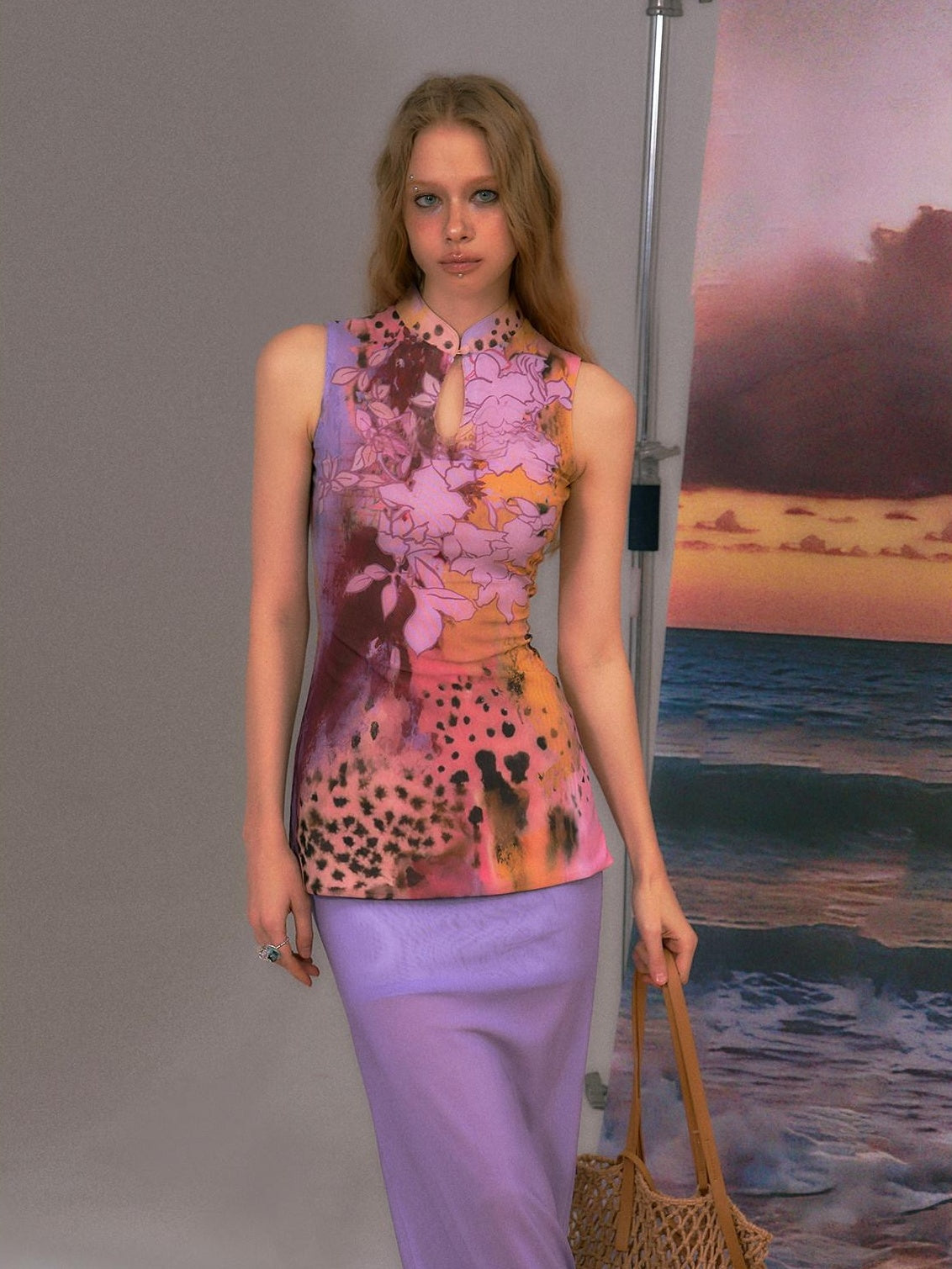 The NeverMore Colorblock High Waist Bodycon Street Sleeveless Women Purple Top &amp; Skirt Sets