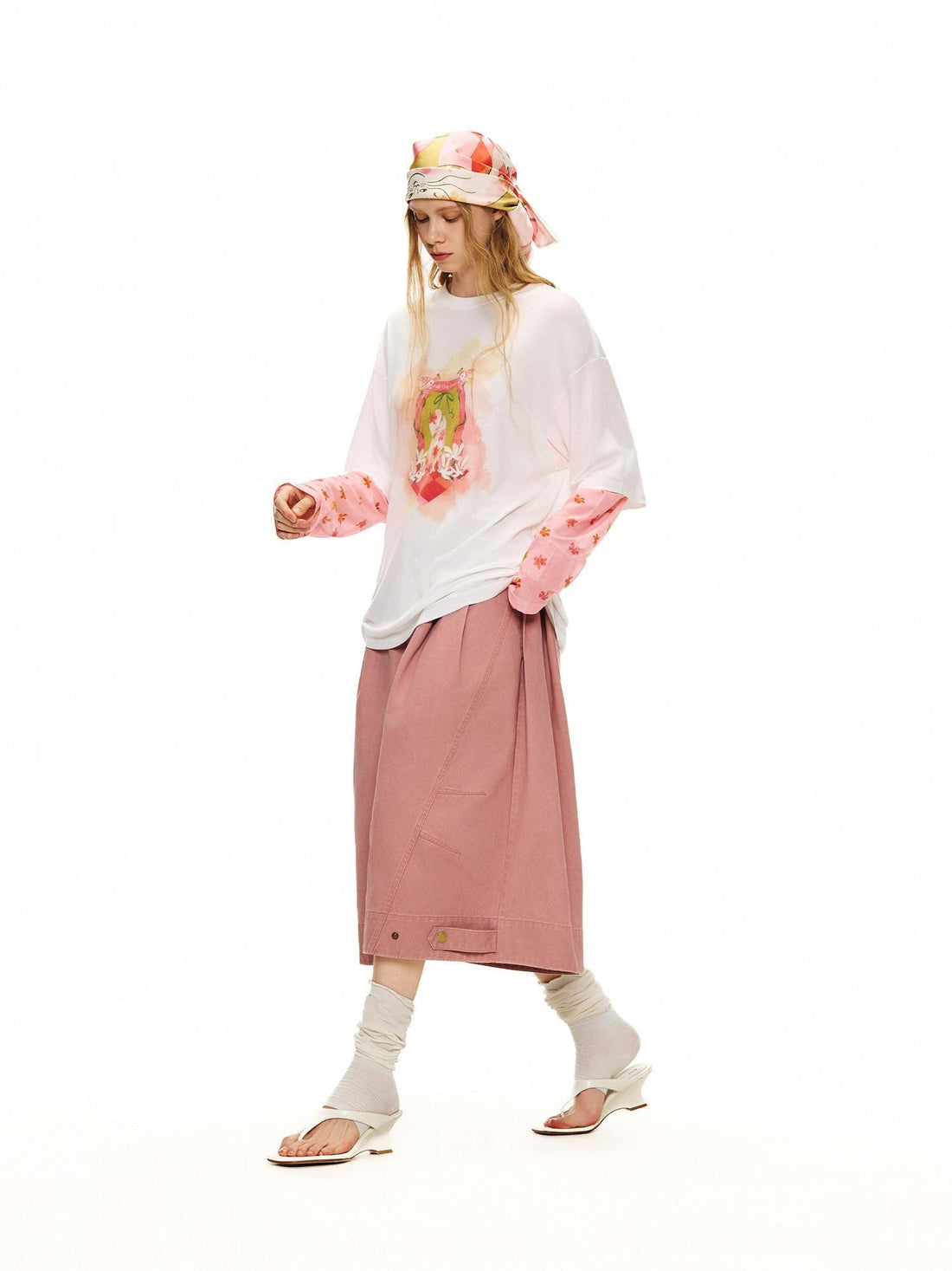 OuttheBlue Cat Garden Print Casual Loose Drop Shoulder Round Neck Long Sleeve T-Shirts