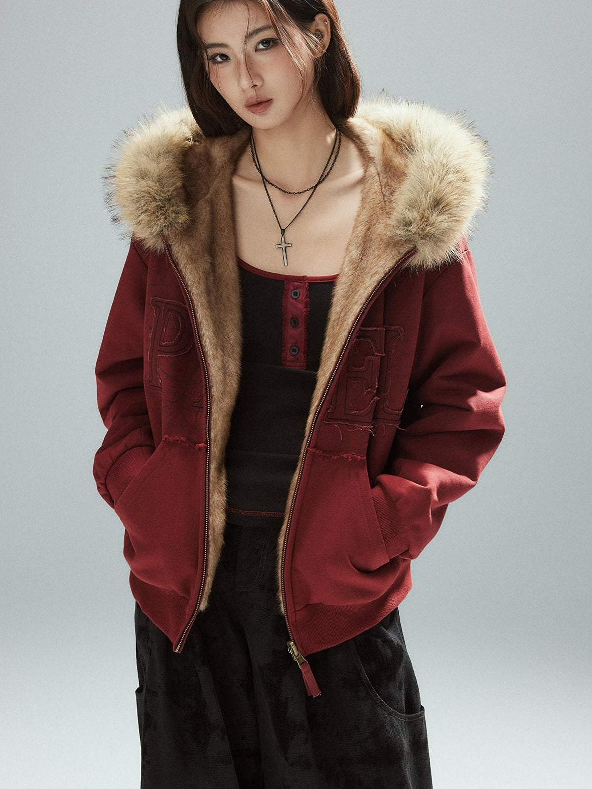 Low pixel Thick Warm 100 Percent Cotton Street Loose Fit Zip Up Women Red Oversized Hoodie
