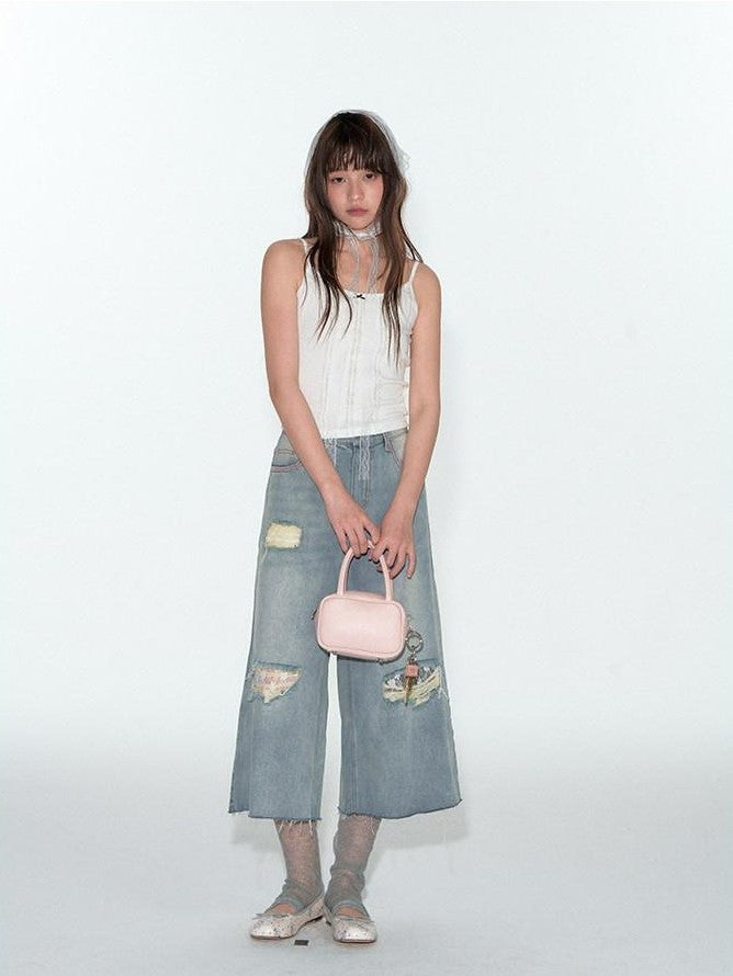NAPSNAPS Layered Cropped Spliced Lace Trim Women&
