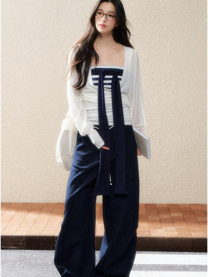 7Shiftin Versatile Minimal Straight Cut Natural Elastic Waist Women Navy Wide Leg Pants