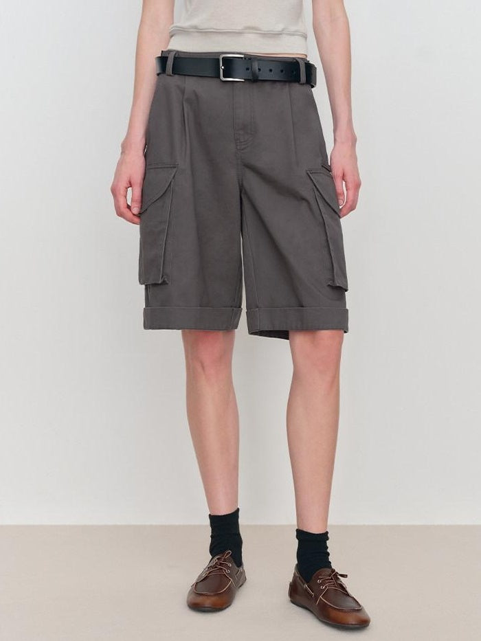RUN TO THE FUTURE Low Rise Pockets Wide Leg Loose Cotton Women Dark Gray Zip Fly Short Trousers