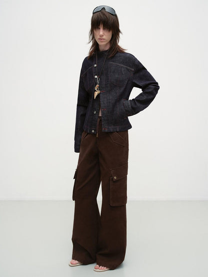 RUN TO THE FUTURE Vintage Asymmetric Fitted Waist Unisex Dark Indigo Cotton Button Denim Jackets
