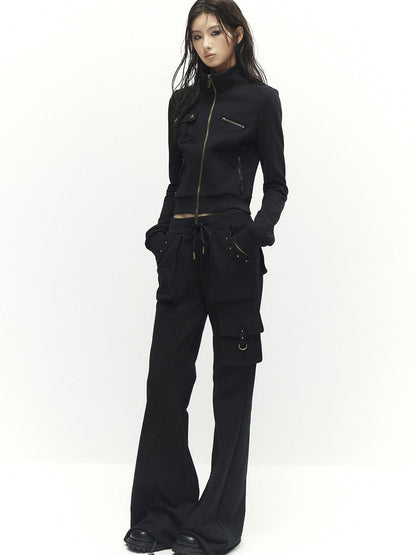 Low pixel Studded Slim Fit Zip Front Stand Collar Thick Cotton Black Top &amp; Pants Sets
