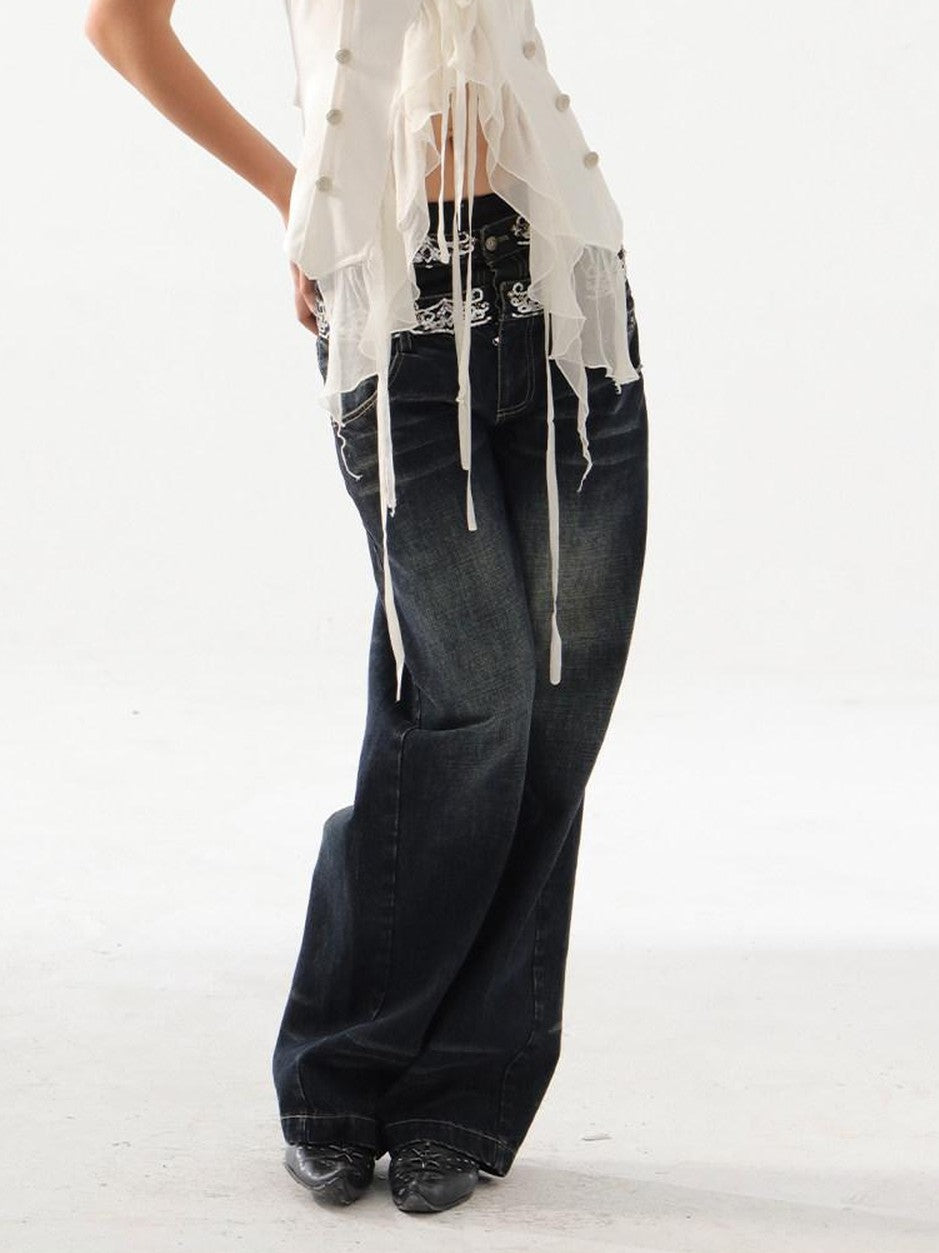 DoublePunch Sequin Embroidered Double Waistband Curved Cut Women&