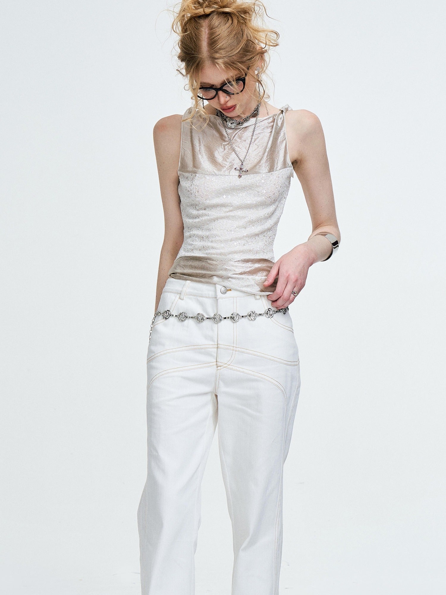The NeverMore Original Chain Ruching 3D Buttons Slim Fit Cotton Blend Women White Tank Tops