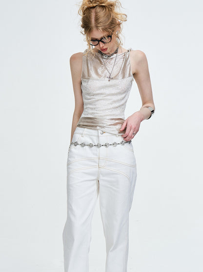 The NeverMore Original Chain Ruching 3D Buttons Slim Fit Cotton Blend Women White Tank Tops