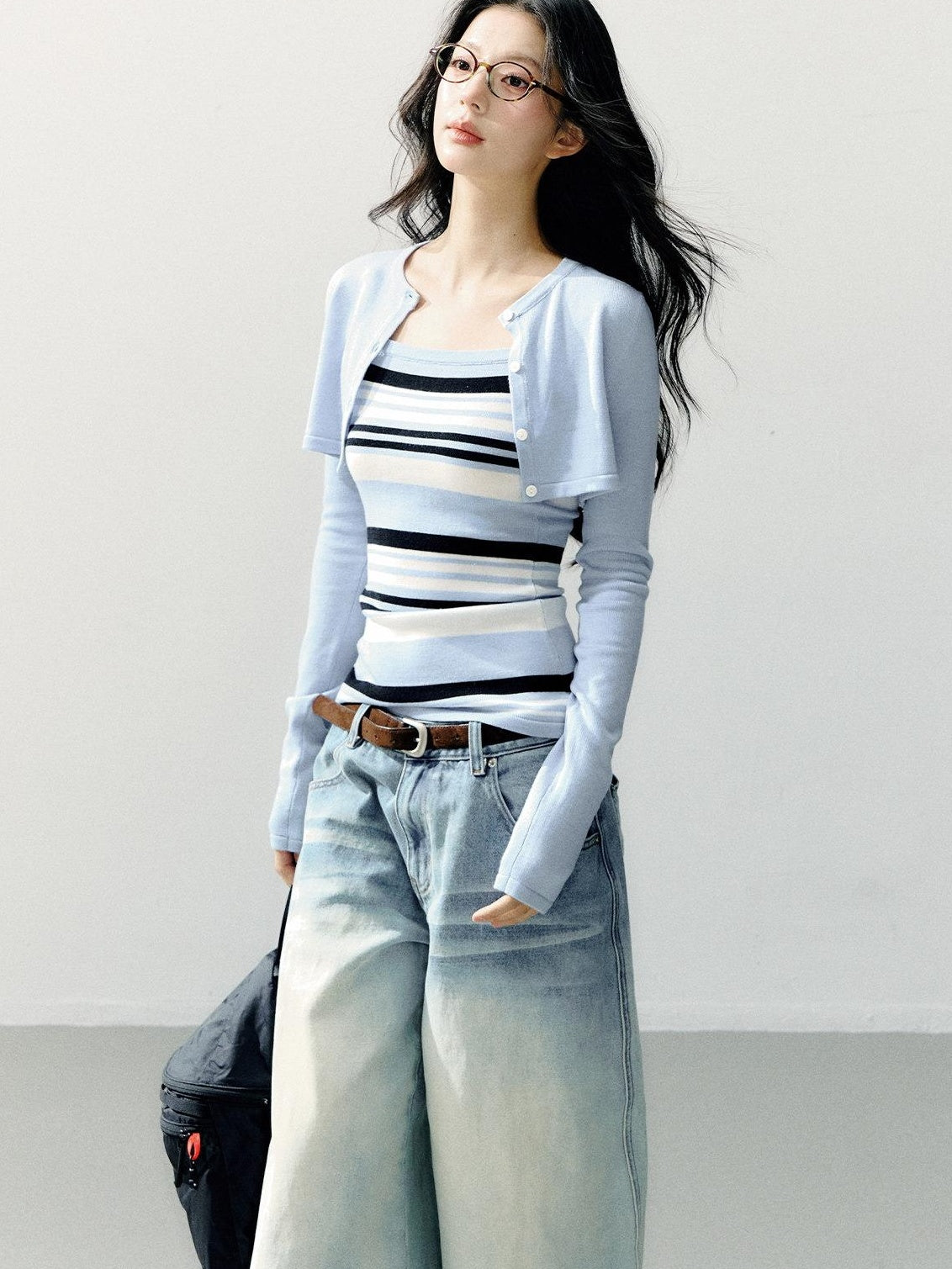 7Shiftin Striped Two Piece Cardigan And Camisole Casual Women Blue Long Sleeve T-Shirts