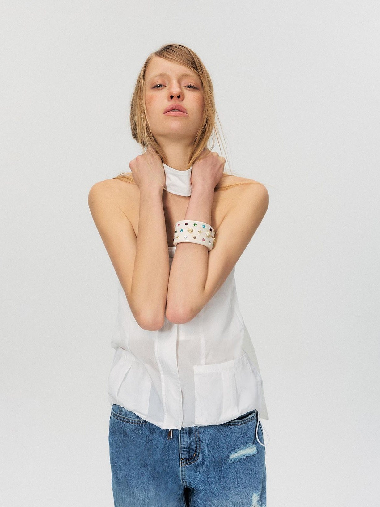 The NeverMore Zipper Front Slim Short Solid White Office Chic Strapless Tube Tops
