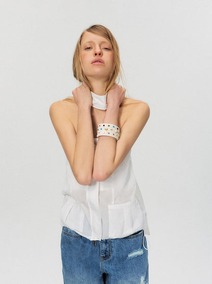 The NeverMore Zipper Front Slim Short Solid White Office Chic Strapless Tube Tops