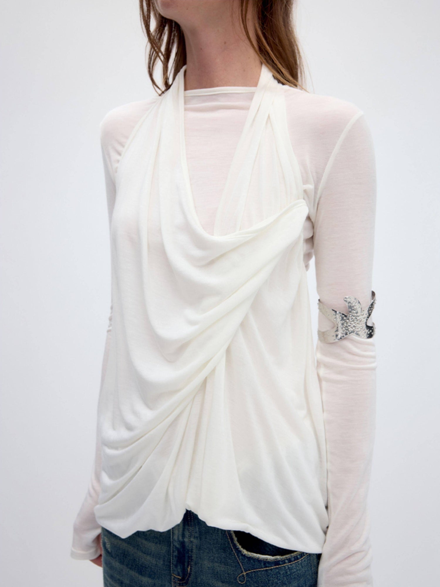 RUN TO THE FUTURE Tencel Wool Blend Pleated Commuter Slim Solid Milk White Long Sleeve T-Shirts