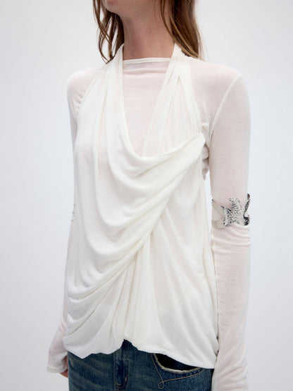RUN TO THE FUTURE Tencel Wool Blend Pleated Commuter Slim Solid Milk White Long Sleeve T-Shirts