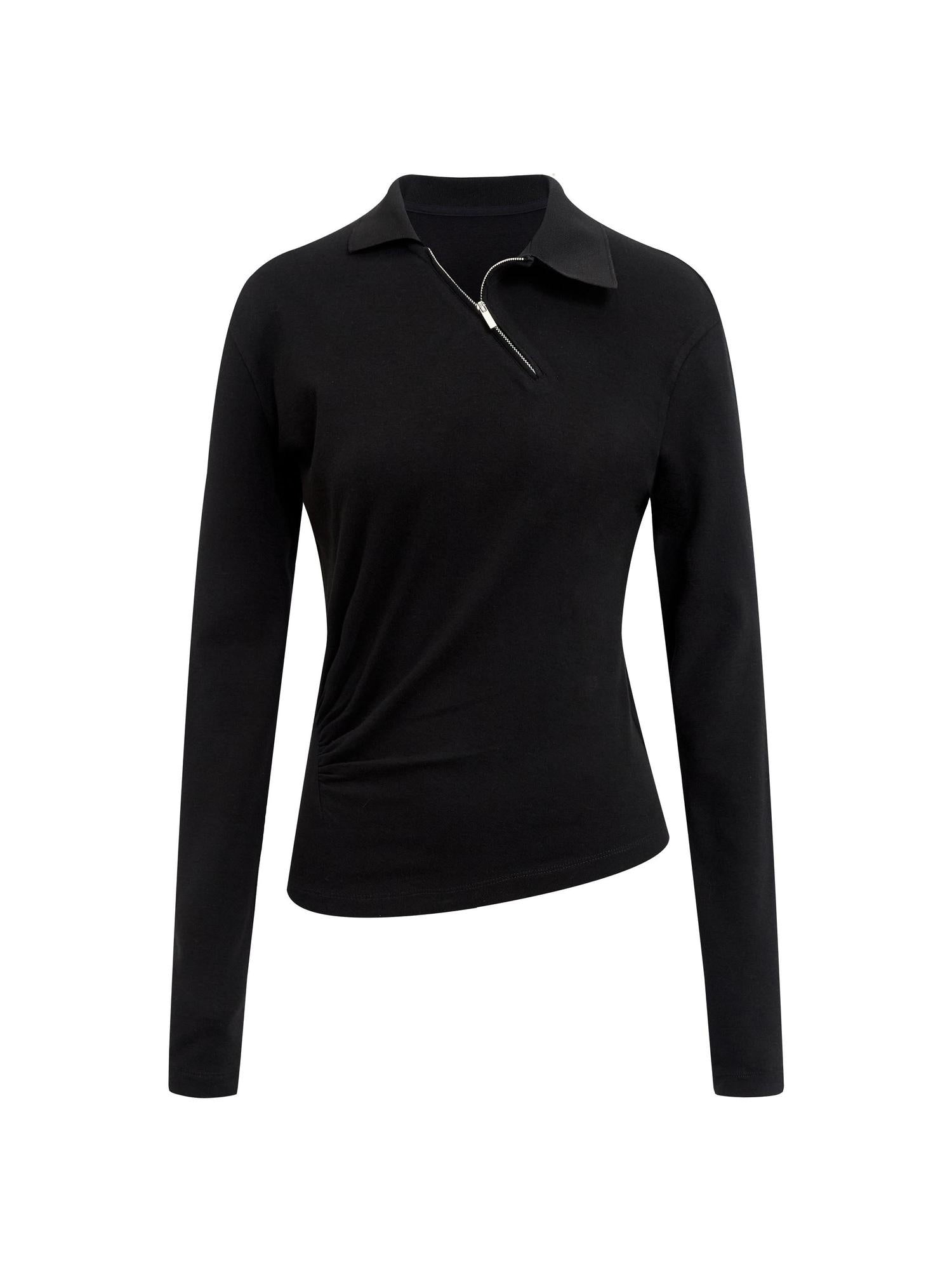 RUN TO THE FUTURE Zip Front Polo Slim Fit Classic Black Stretch Blend Long Sleeve T-Shirts