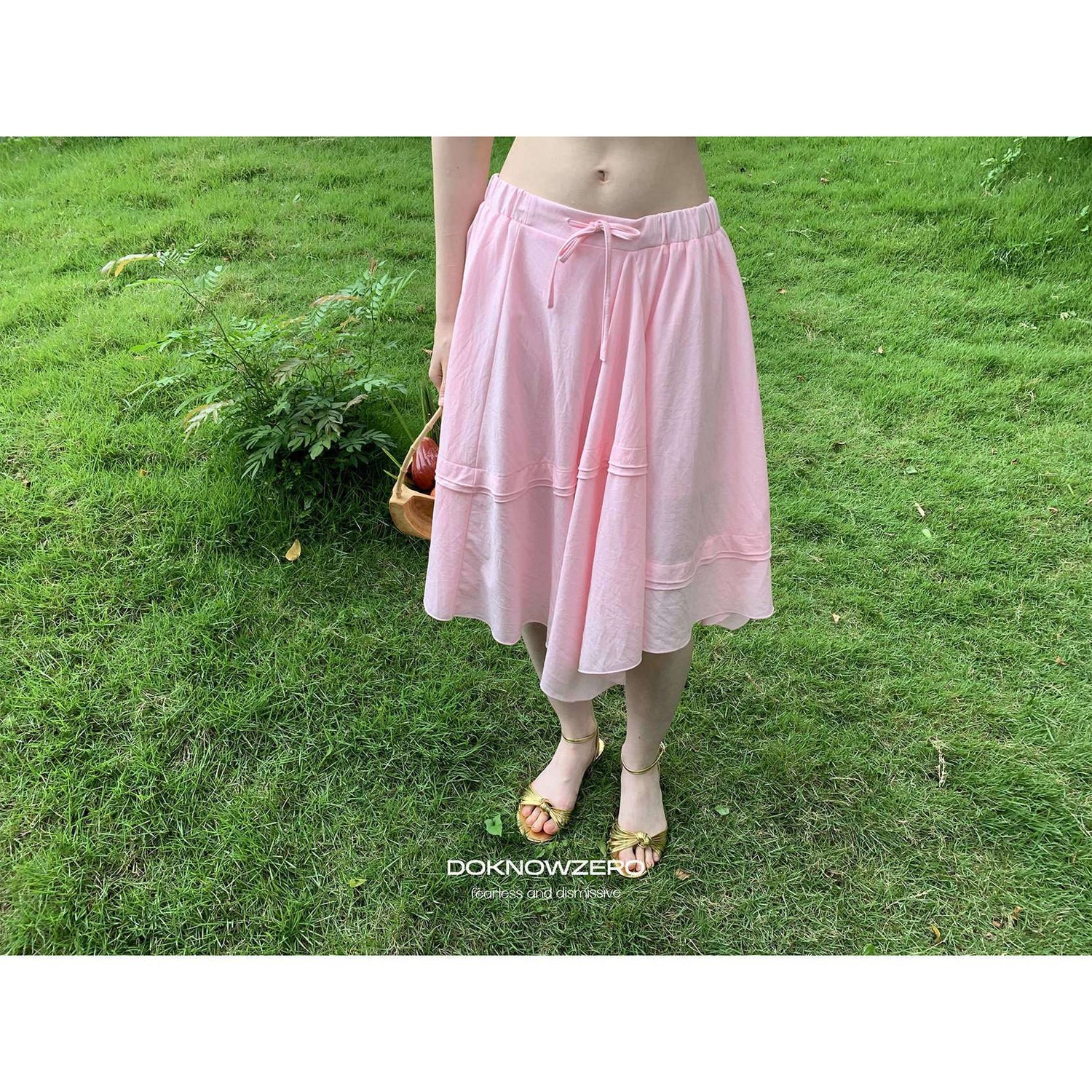 DKZ_OFFICIAL_Pink_Ribbed_Elastic_Waist_Asymmetric_A_Line_Women&