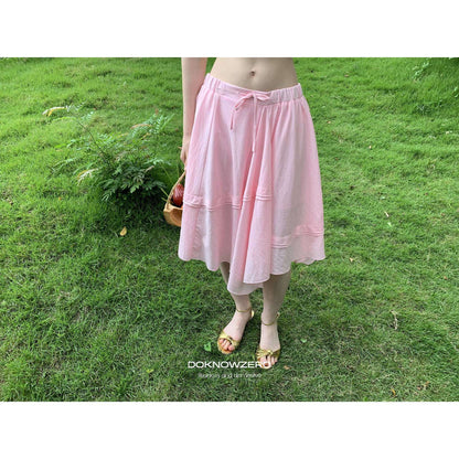 DKZ_OFFICIAL_Pink_Ribbed_Elastic_Waist_Asymmetric_A_Line_Women&