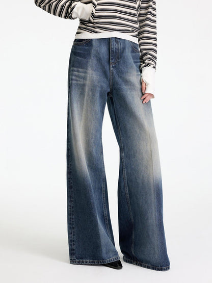 RUN TO THE FUTURE Washed Ice Blue Casual Natural Waist Womens Non Stretch Denim Straight Jeans
