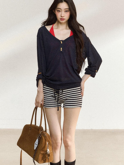 7Shiftin Layered Two Piece Casual Round Neck For Women Cami Coverup Long Sleeve T-Shirts