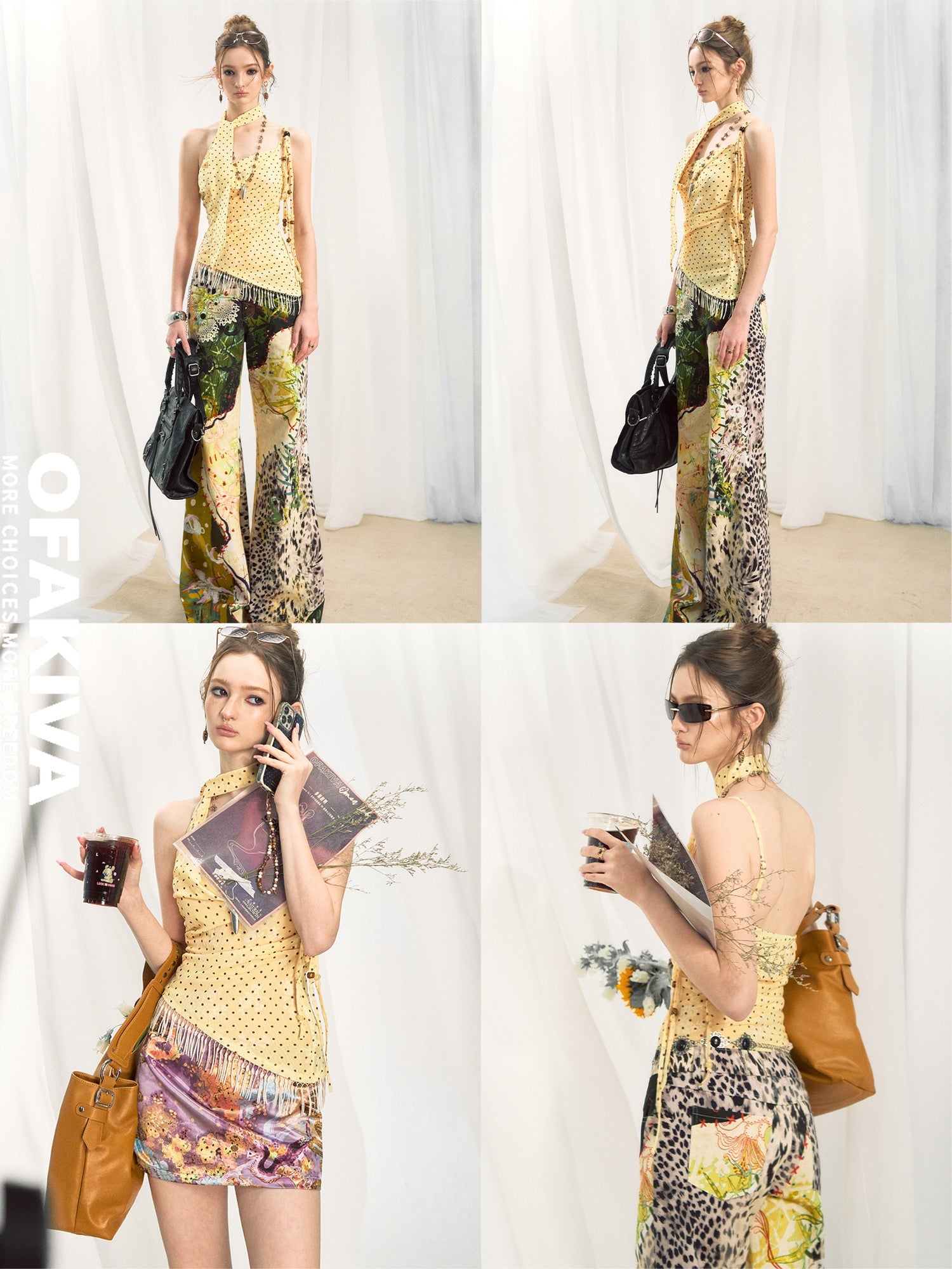 OfAkiva Yellow Polka Dot Printed Asymmetric Tassel Lapel Women&
