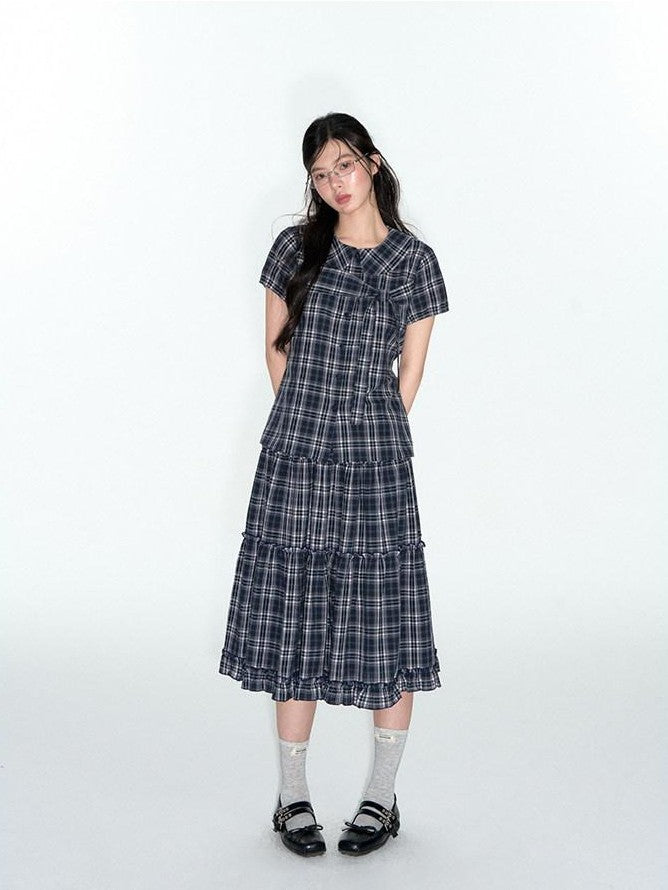 NAPSNAPS Blue Plaid Ruffle Hem High Waist Pleated Patchwork Women&