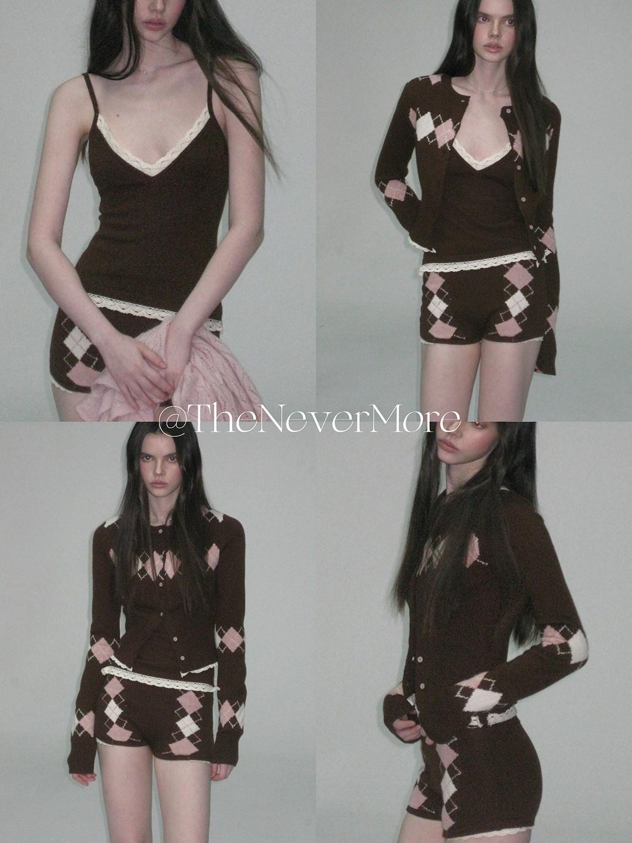 The NeverMore Cashmere Blend Sexy Argyle Button Cardigan Shorts Women Top &amp; Shorts Sets