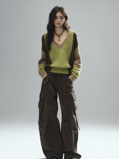 Low pixel Thick Sheep Wool Patchwork Streetwear Loose Fit V-neck Pullover Youth Sweaters