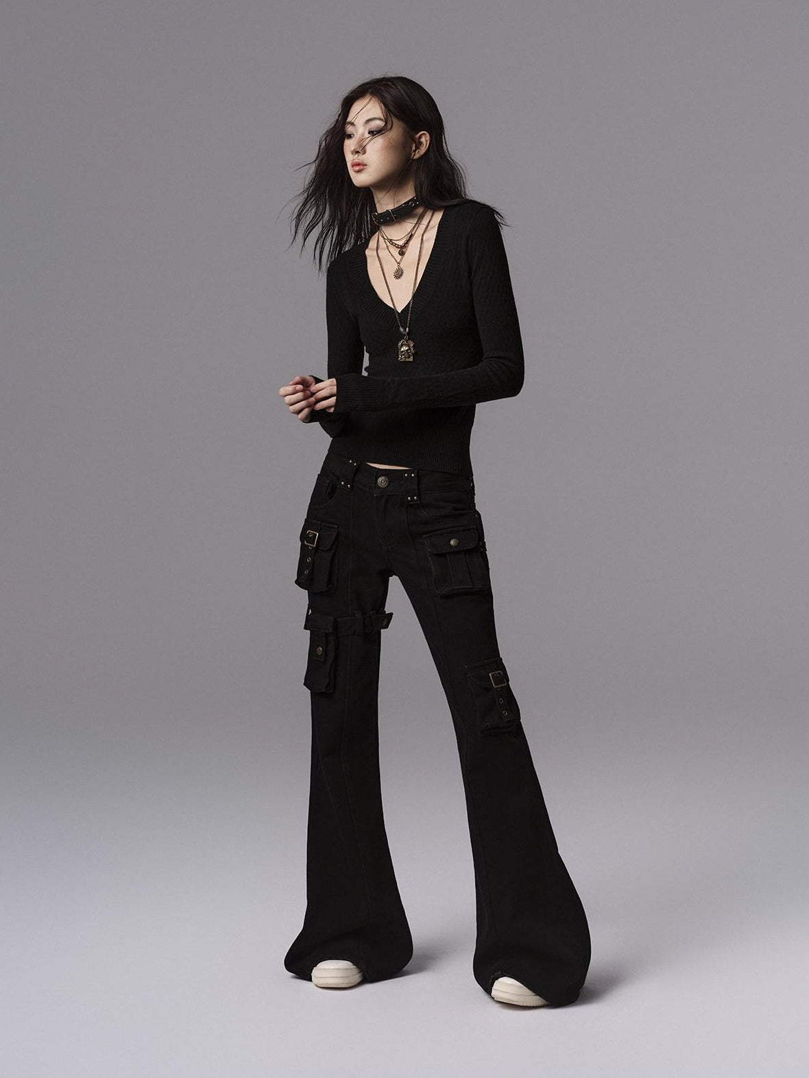 Low pixel Waist Cinched Gothic Slim V-neck Black Women Pullover Cropped Jackets