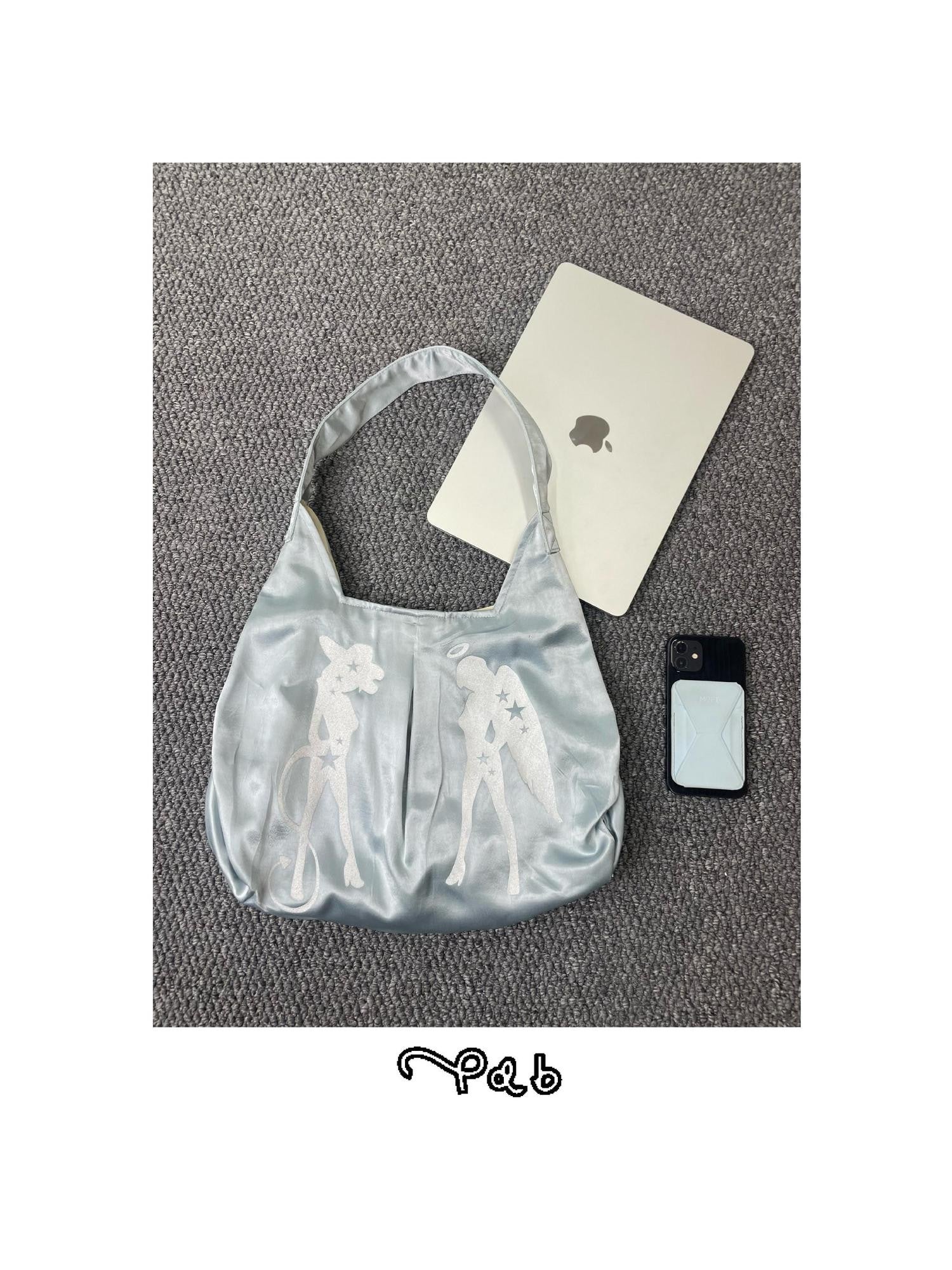 takeabreak Light Blue Silky Satin Tote Print Women&