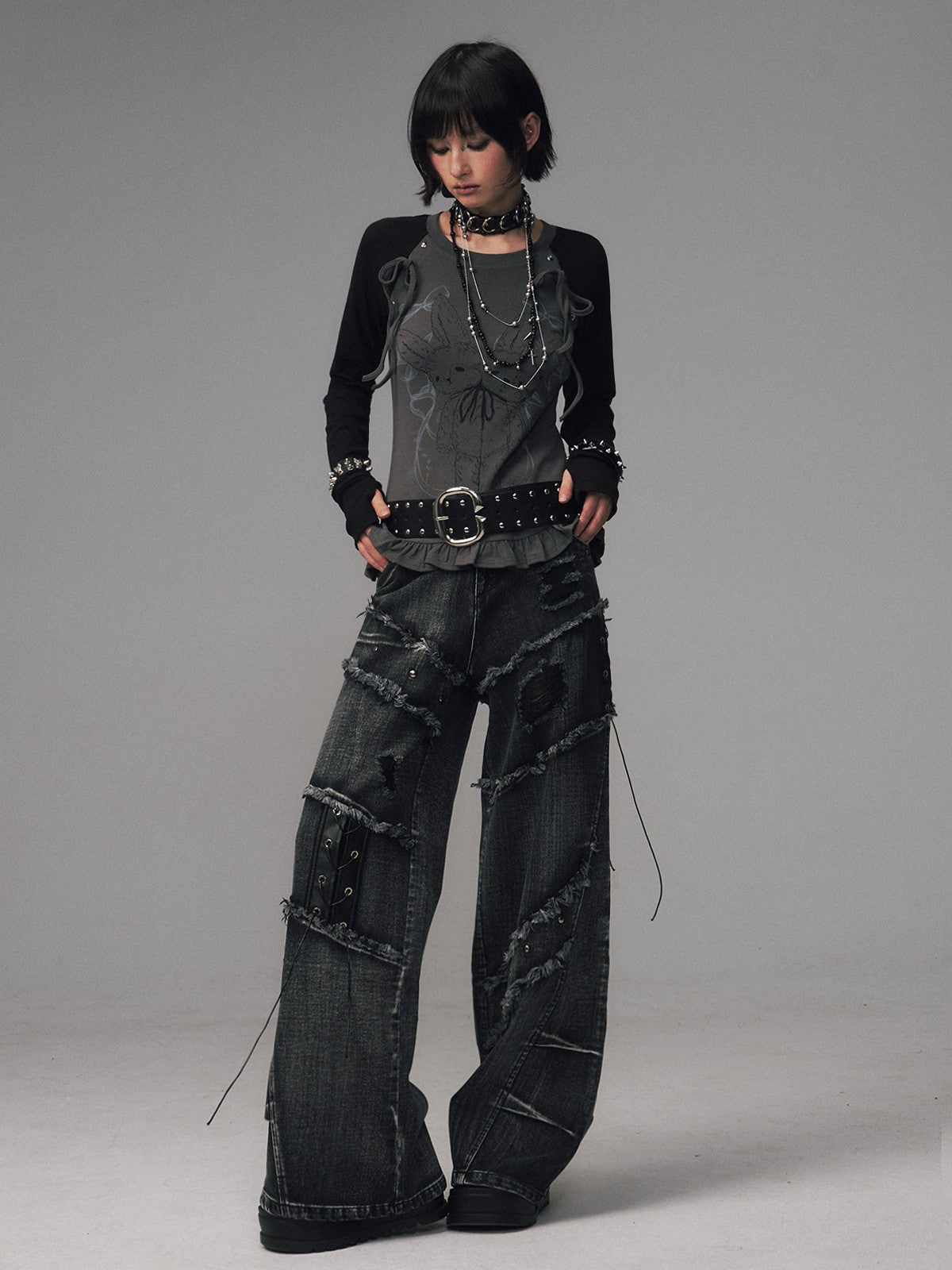 Frustration Garden Black Grey Street Punk Lace Up Frayed Rivet Women&