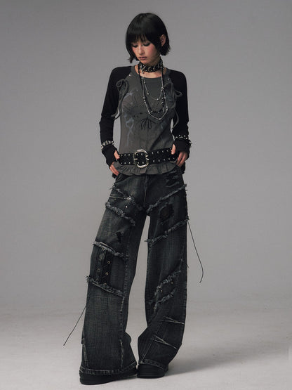 Frustration Garden Black Grey Street Punk Lace Up Frayed Rivet Women&