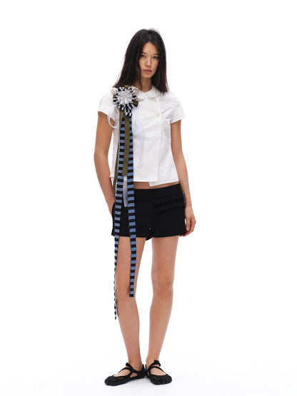 oinimi White Double Button Peter Pan Collar Slim Fit Short Sleeve Women&