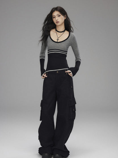 Low pixel Washed Low Rise Wide Leg Utility Loose Fit Womens Black Cargo Pants